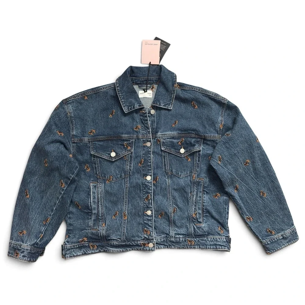 Avec Les Filles Horse Embroidered Denim Trucker Jacket Jean Blue Women's Size L